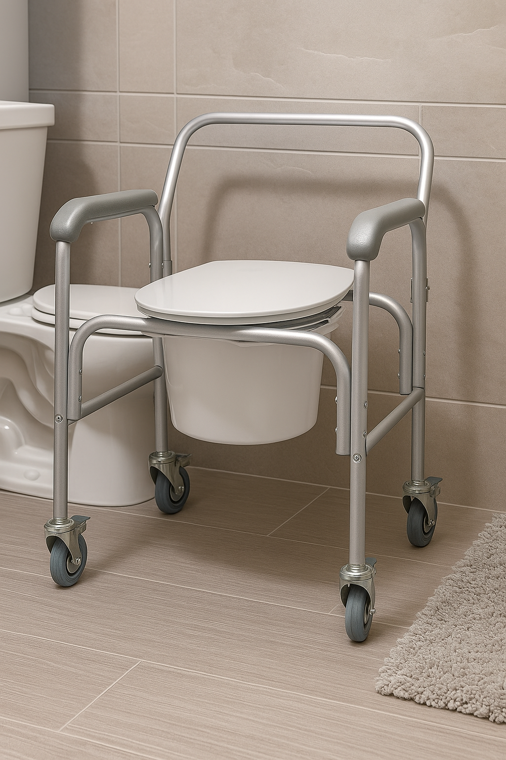 3 in 1 Aluminum Commode Back Bar and Casters