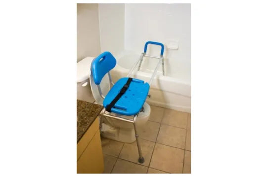 Close-up image of HydroGlyde Sliding Bath Bench with Cutout Seat for Long Distance Toilet to Tub Transfers by Platinum Health