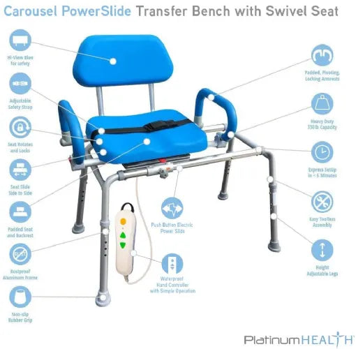Carousel Sliding Shower Chair Transfer Bench with Swivel Seat and PowerSlide Capability with Push Button Electric Travel