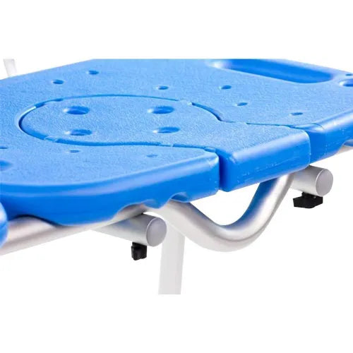 Close-up image of Bath Transfer Bench with Cutout Shower Seat - Deluxe All-Access Blue Adjustable Tub and Shower Chair for Transfers
