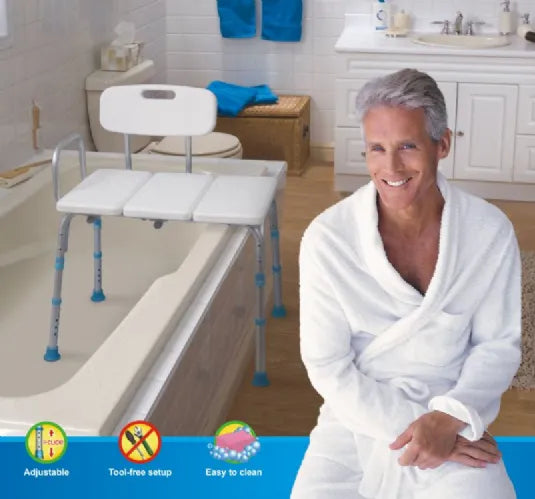 Close-up image of AquaSense Tub Transfer Bench with Reversible Backrest and Arm Rail