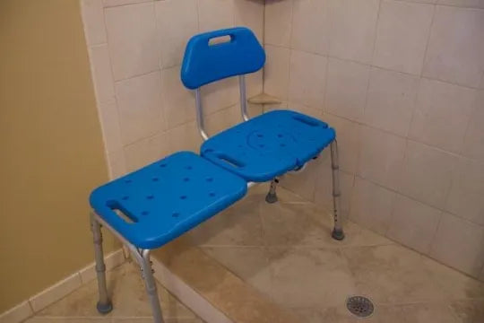 Close-up image of Bath Transfer Bench with Cutout Shower Seat - Deluxe All-Access Blue Adjustable Tub and Shower Chair for Transfers