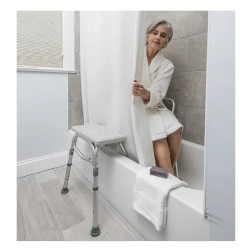 Close-up image of Drive Medical Splash Defense Transfer Bench with Curtain Guard Protection for Tub and Shower Transfers
