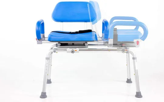Close-up image of Carousel Sliding Shower Chair Transfer Bench with Swivel Seat and PowerSlide Capability with Push Button Electric Travel