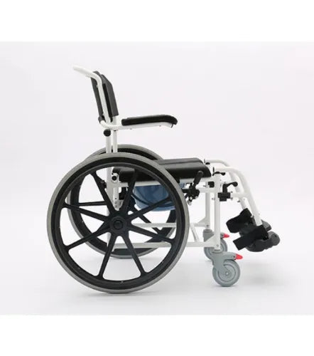 Close-up image of Aluminum Rolling Shower Wheelchair with Commode Attachment and Locking Swivel Castors by Medacure
