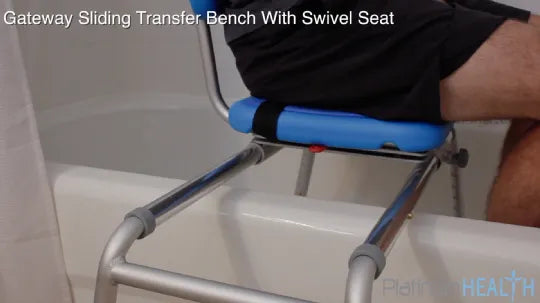 Close-up image of Premium Sliding Tub Transfer Bench with Padded Swivel Seat by Platinum Health
