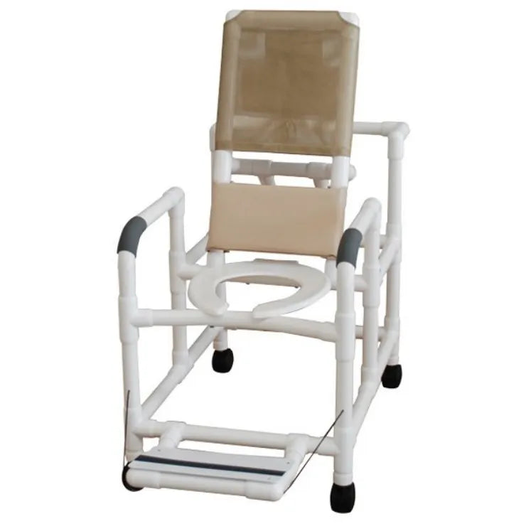 Reclining Shower Chair with Wheels, Folding Foot Rest, & Open Front Seat, PVC Frame, Quick-Dry Mesh, by MJM International