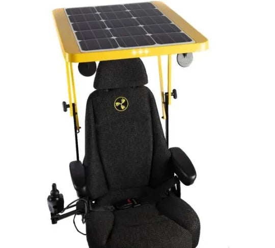 Close-up image of Liberator Electric Power Wheelchair with optional overhead Companion Solar Panel from Solar Mobility | Made in the USA!