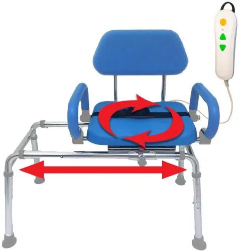 Close-up image of Carousel Sliding Shower Chair Transfer Bench with Swivel Seat and PowerSlide Capability with Push Button Electric Travel