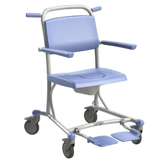 Close-up image of Lopital Tango Shower Commode Chair with 4 Wheels and Lockable Swivel Castors