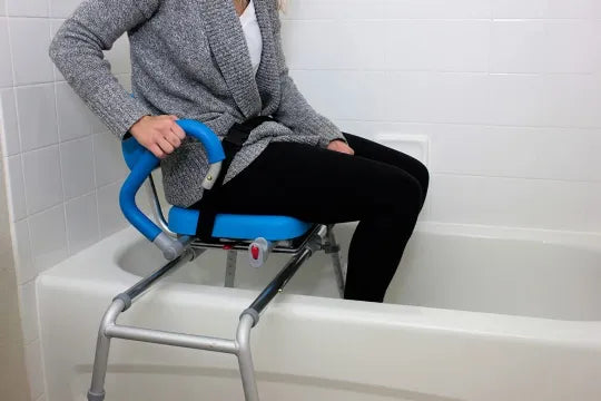 Carousel Sliding Shower Chair Transfer Bench with Swivel Seat and PowerSlide Capability with Push Button Electric Travel