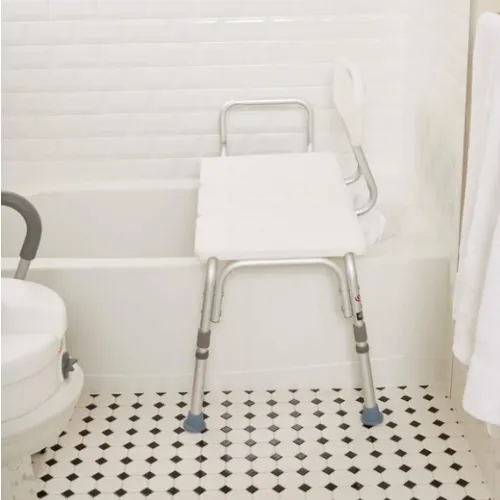 Close-up image of Carex Bathtub Transfer Bench with Back and Arm Rests Features Height Adjustable Legs and 300 lb. Weight Capacity