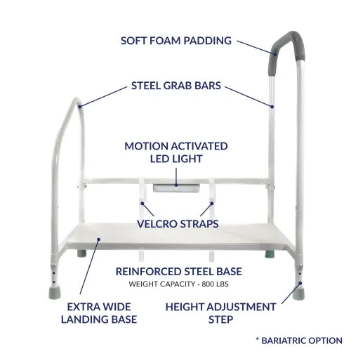 Bed Assist Step with Safety Rail for Bariatric Patients and LED Light