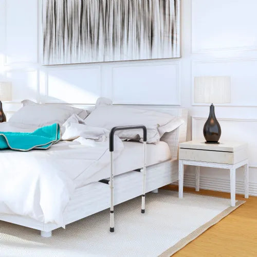 Close-up image of Adjustable Bed Assist Rail with Padded Handle for Safe Mobility and Fall Prevention by Mabis HealthSmart