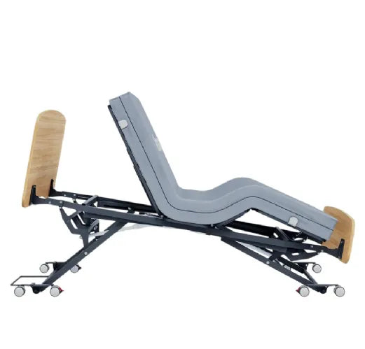 Close-up image of Accora Contessa Floor Bed for Fall Prevention - Adjustable Low Bed with Wood Finish