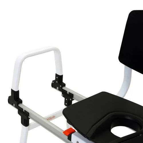 Close-up image of Sliding Tub Transfer Bench with Commode Seat | ShowerGlyde by SolutionBased