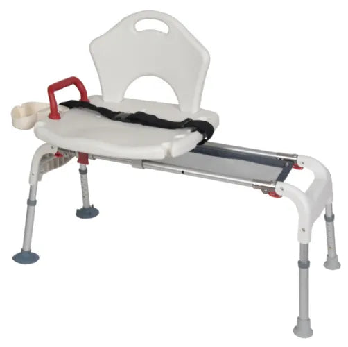 Close-up image of Drive Medical Adjustable Height Sliding Tub Transfer Bench Shower Chair with Seatbelt and 300 lb. Weight Capacity | White