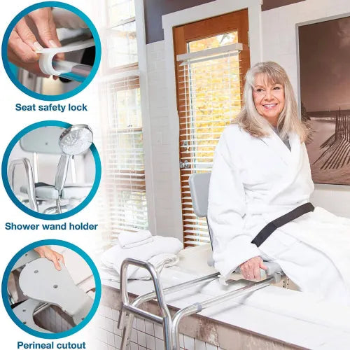 DMI Sliding Transfer Bench and Shower Chair with Cut Out Seat for Toileting - Heavy Duty Adjustable Aluminum Holds up to 400 lbs.
