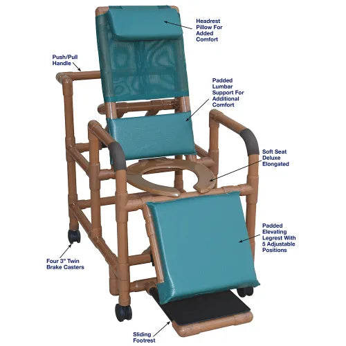 Close-up image of Reclining Waterproof Shower Chair, PVC Construction, Rust-Proof, Wood Tone for Visual Disabilities, 325-lb. Capacity, by MJM International