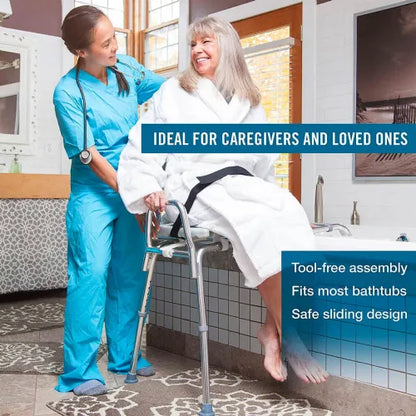 DMI Sliding Transfer Bench and Shower Chair with Cut Out Seat for Toileting - Heavy Duty Adjustable Aluminum Holds up to 400 lbs.