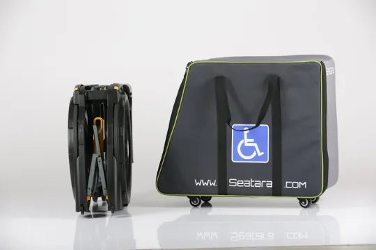 Close-up image of Seatara WheelAble Folding Commode Shower Chair with Self Propel