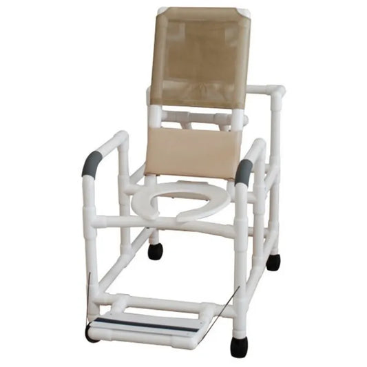 Reclining Shower Chair with Wheels, Folding Foot Rest, & Open Front Seat, PVC Frame, Quick-Dry Mesh, by MJM International