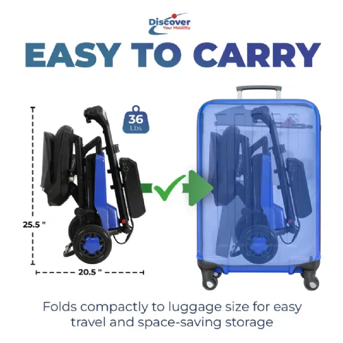 Close-up image of Super Light Flight 3 Wheel Mobility Scooter by Discover My Mobility, Ultra Lightweight, FAA Airline Approved, 265 lbs Weight Capacity