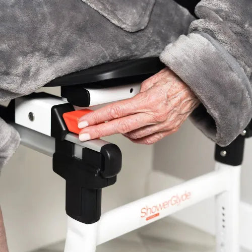 Close-up image of Sliding Tub Transfer Bench with Commode Seat | ShowerGlyde by SolutionBased